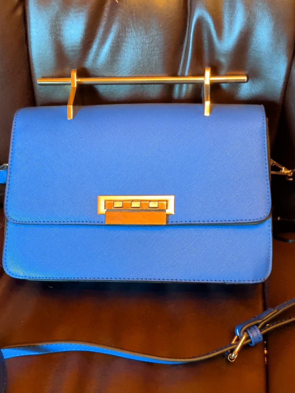 Blue Structured Crossbody Handbag with Gold Hardware